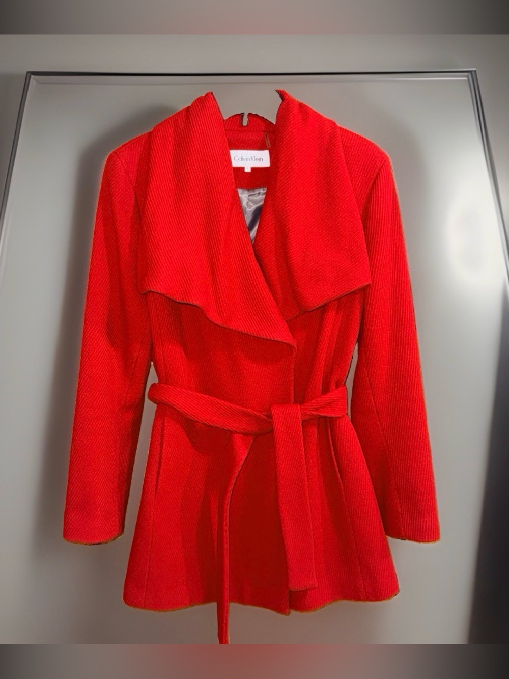 Calvin Klein Vibrant Red Belted Midi Trench Coat-Wool Blend-8-EC